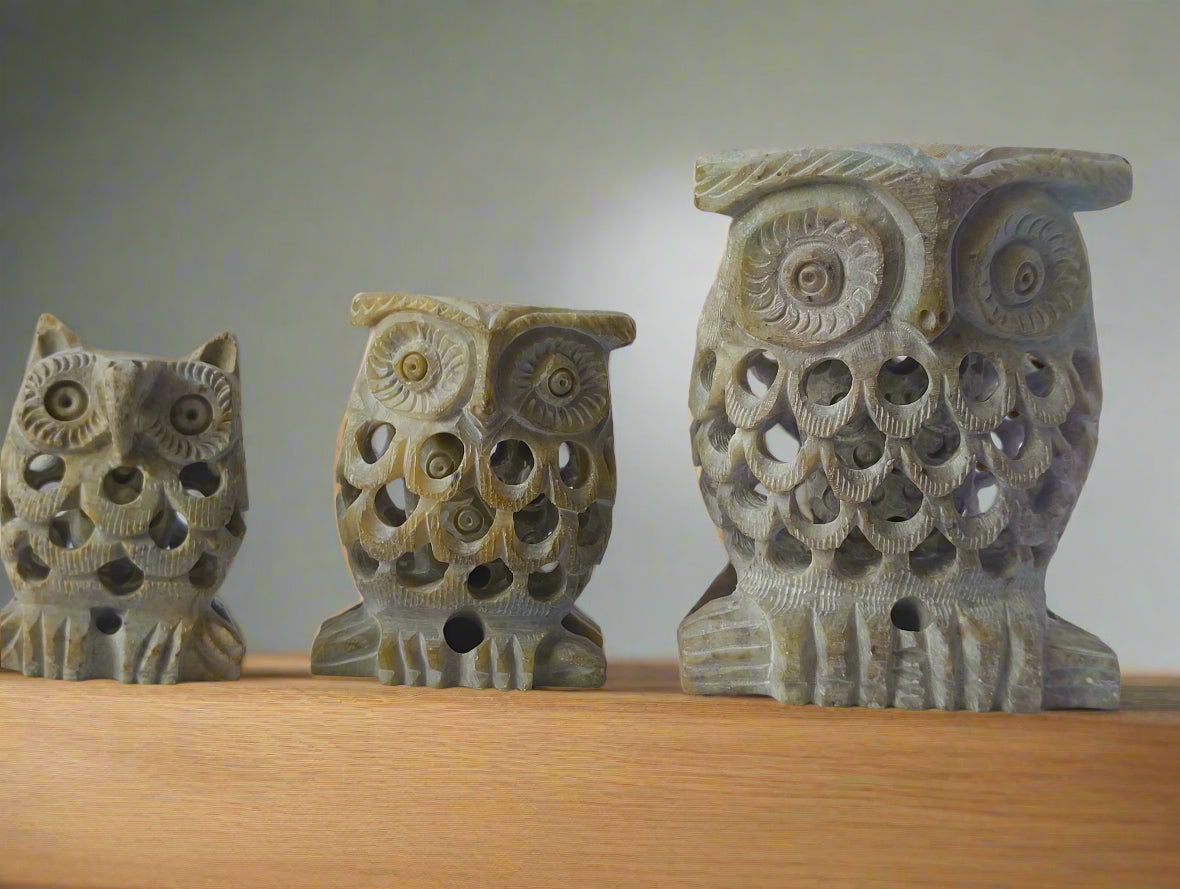 The Veda Trio – Hand-Carved Owl Family Set (Mother, Father & Baby) | Banaras Soft Stone