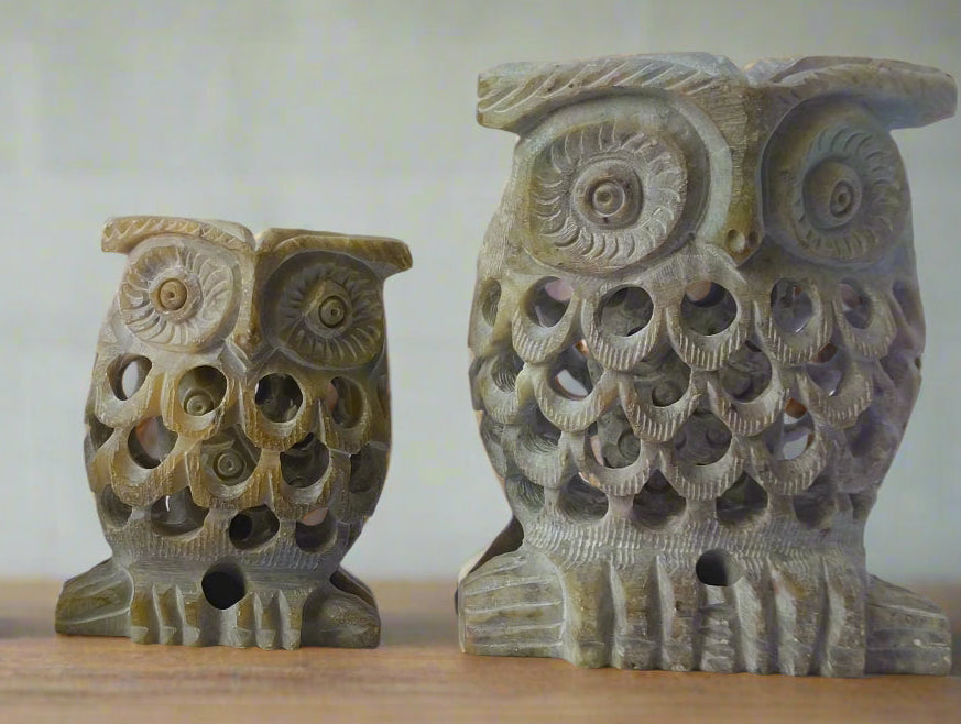 The Veda Trio – Hand-Carved Owl Family Set (Mother, Father & Baby) | Banaras Soft Stone