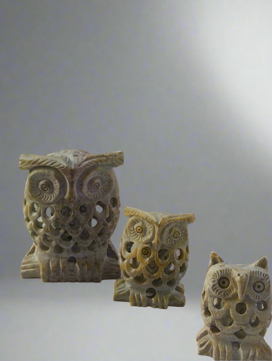 The Veda Trio – Hand-Carved Owl Family Set (Mother, Father & Baby) | Banaras Soft Stone