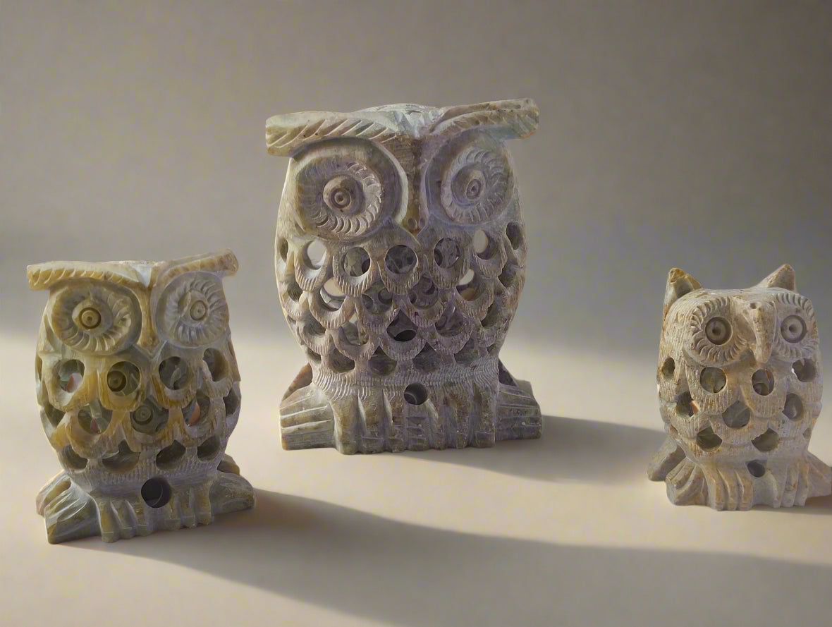 The Veda Trio – Hand-Carved Owl Family Set (Mother, Father & Baby) | Banaras Soft Stone