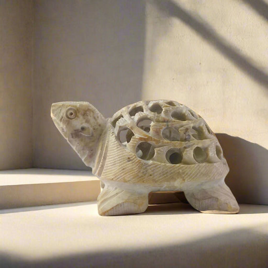 Taaku – Hand-Carved Baby Turtle with Inner Hatchling | Soft Stone Miniature from Banaras