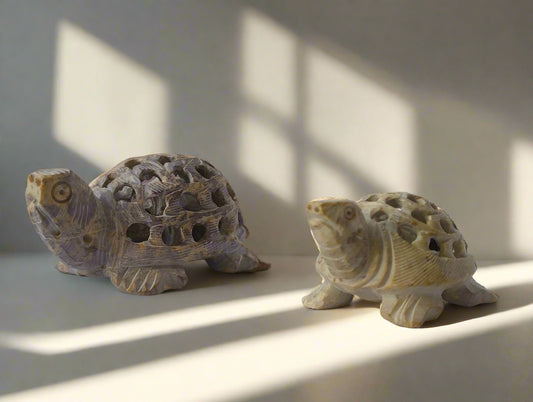 Kaari & Taaku – Mother-Baby Turtle Duo | Hand-Carved Soft Stone Combo from Banaras